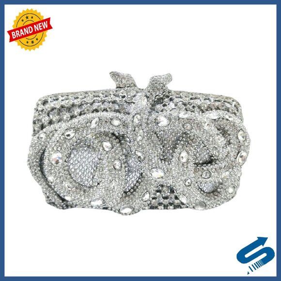 Sparkly Rhinestone Snake Clutch Evening Bag with Removable Chain Strap
